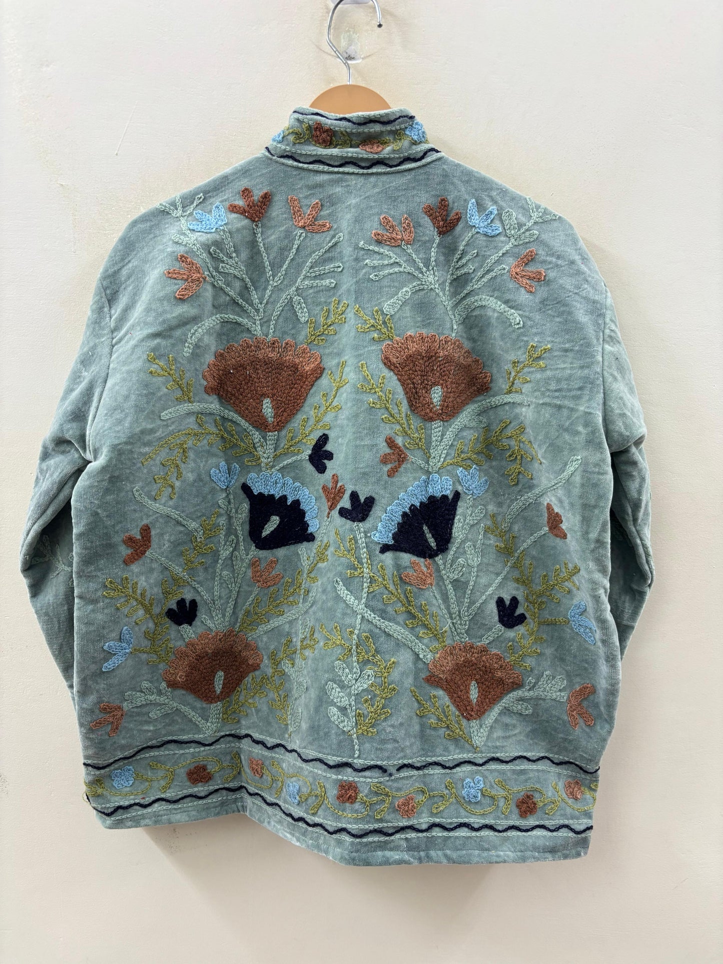 The Gulbadan Celadon — Hand Suzani Embroidered Velvet Jacket — Sage-Celadon Base