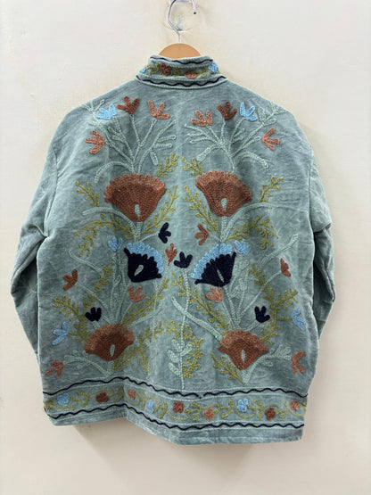 The Gulbadan Celadon — Hand Suzani Embroidered Velvet Jacket — Sage-Celadon Base
