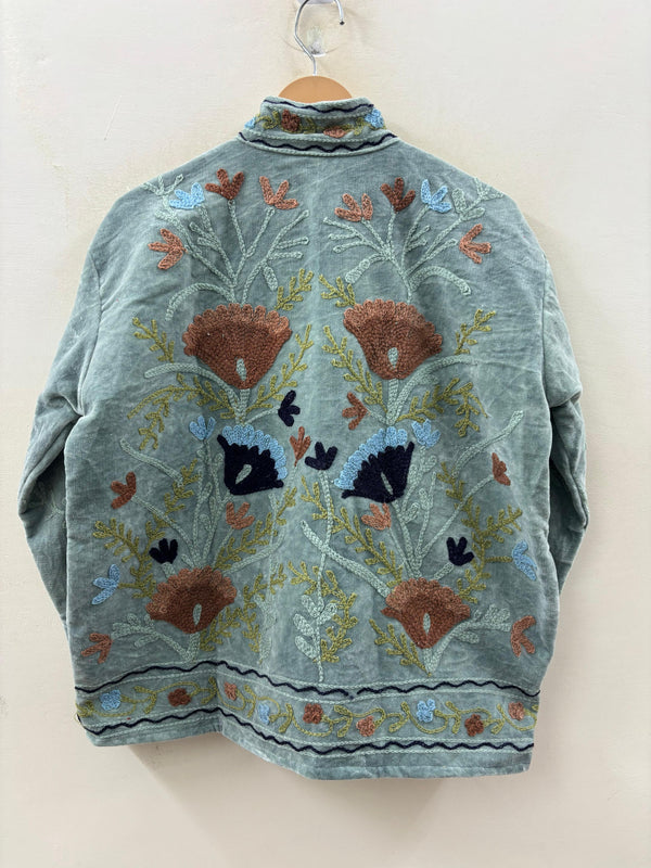 The Gulbadan Celadon — Hand Suzani Embroidered Velvet Jacket — Sage-Celadon Base