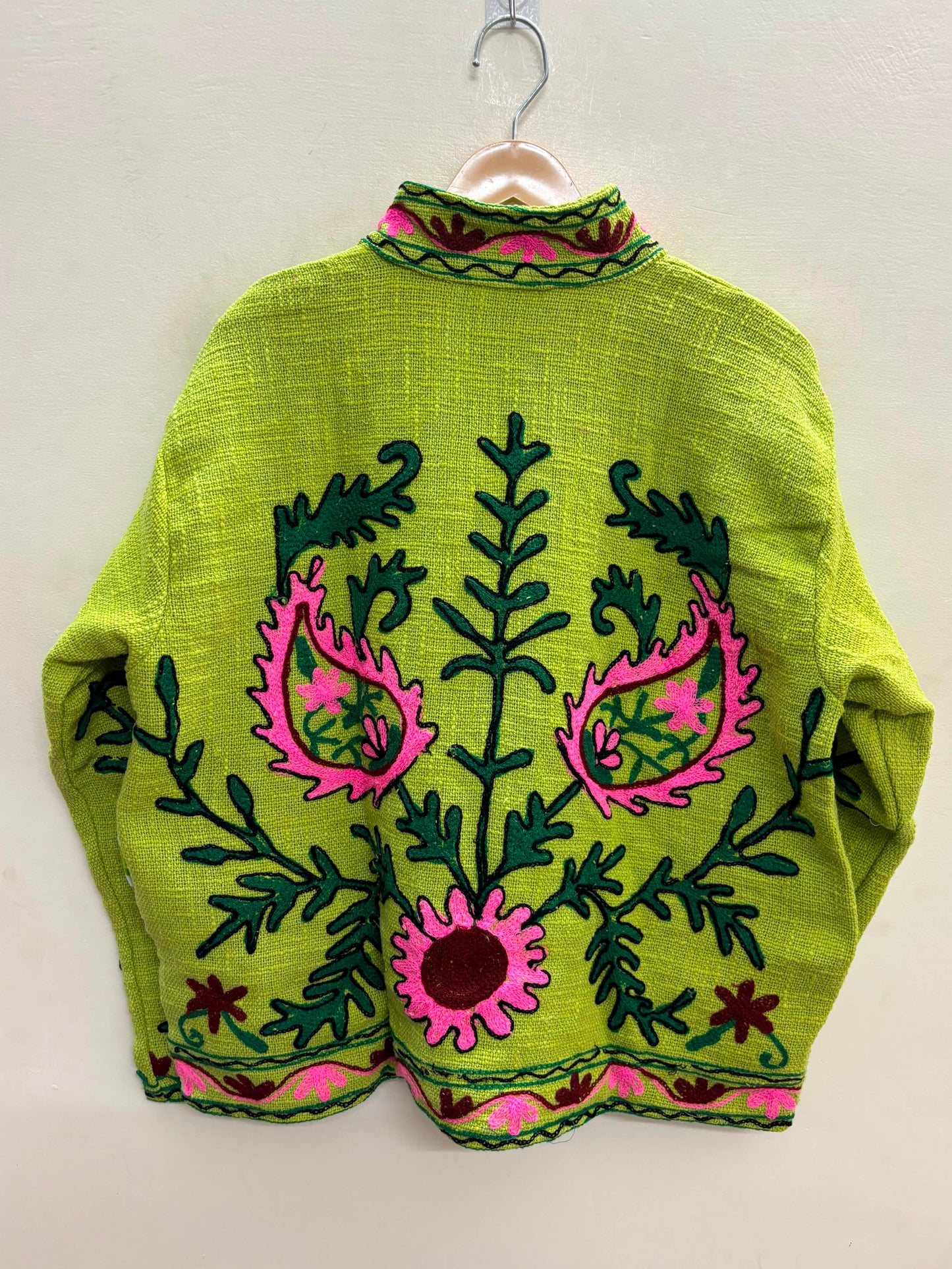 The Lime Orchard Suzani — Hand-Embroidered Cotton Jacket — Chartreuse with Pink & Moss Green Florals