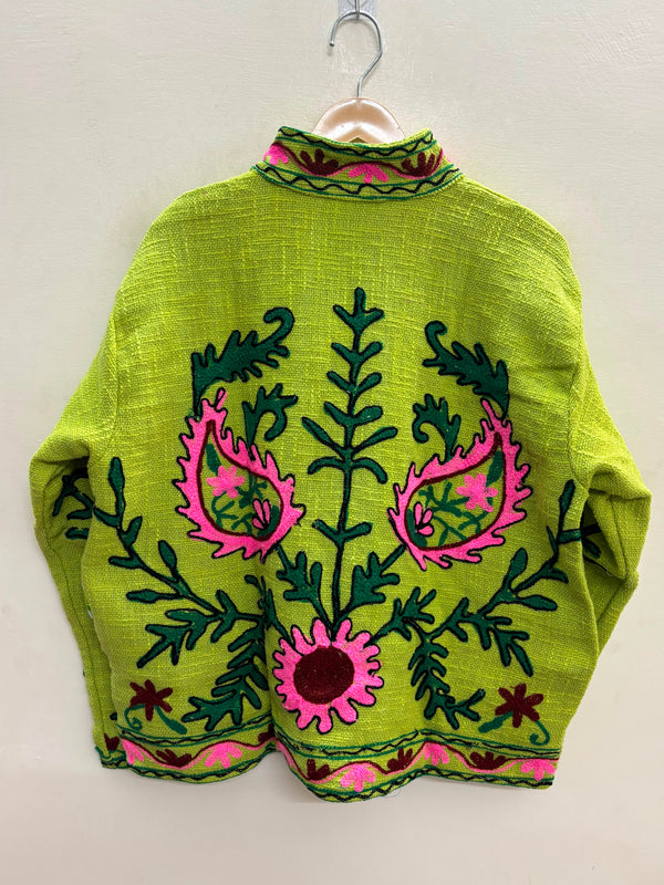 The Lime Orchard Suzani — Hand-Embroidered Cotton Jacket — Chartreuse with Pink & Moss Green Florals
