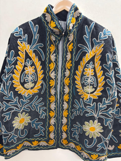 The Samarkand Night — Suzani Velvet Jacket — Midnight Black with Saffron & Teal