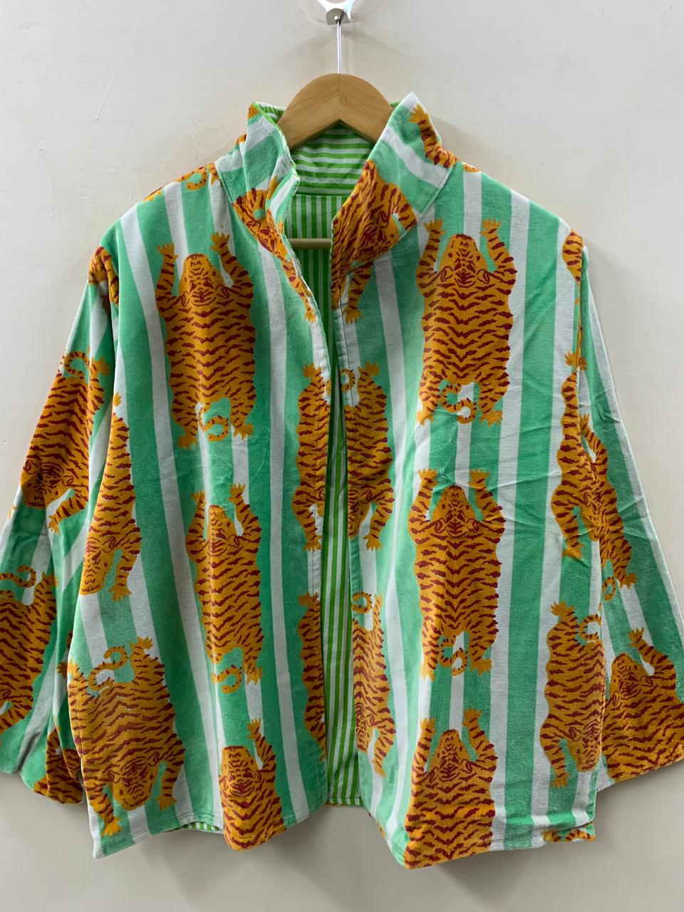 The Tiger Stripe — Block Printed Cotton Jacket — Mint Stripe & Saffron - Default Title - Zoshak Jacket