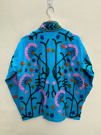 The Turquoise Meadow — Suzani-Embroidered Cotton Jacket — Sky Blue with Blush Pink & Indigo Florals