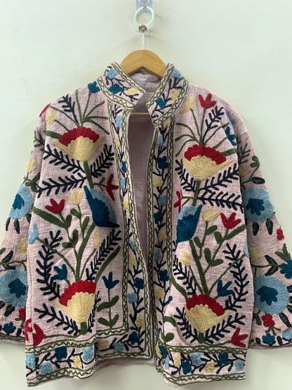The Garden of Wandering Blooms — Crewel Embroidered Cotton Jacket — Blush Rose - Default Title - Zoshak Jacket