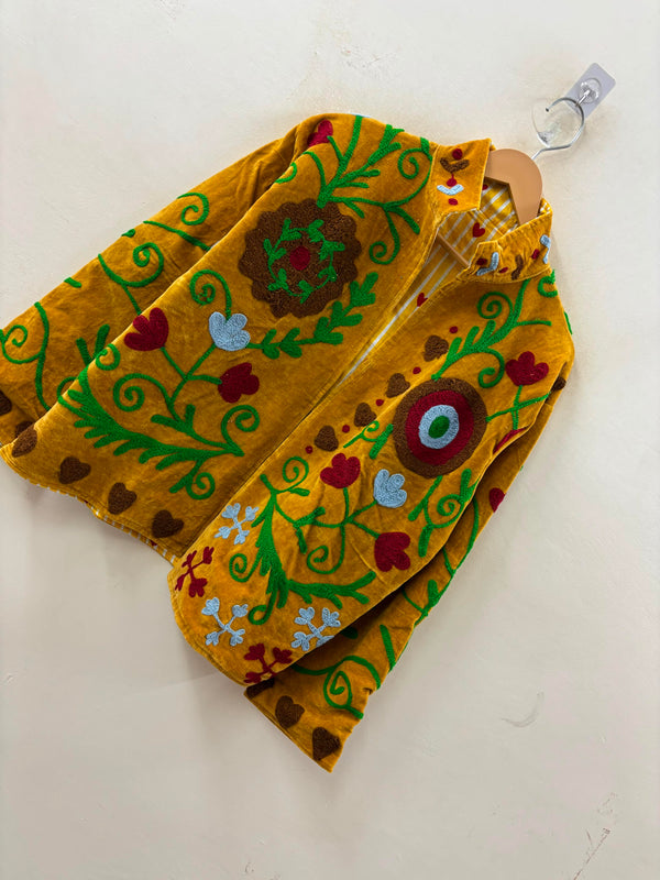 The Marigold Suzani — Hand-Embroidered Velvet Jacket — Turmeric Gold with Vine & Medallion Motifs
