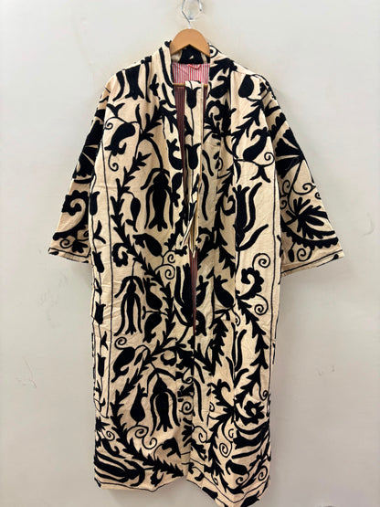 The Tulip Vine Kimono — Suzani Hand-Embroidered Cotton Jacket — Ivory & Ebony