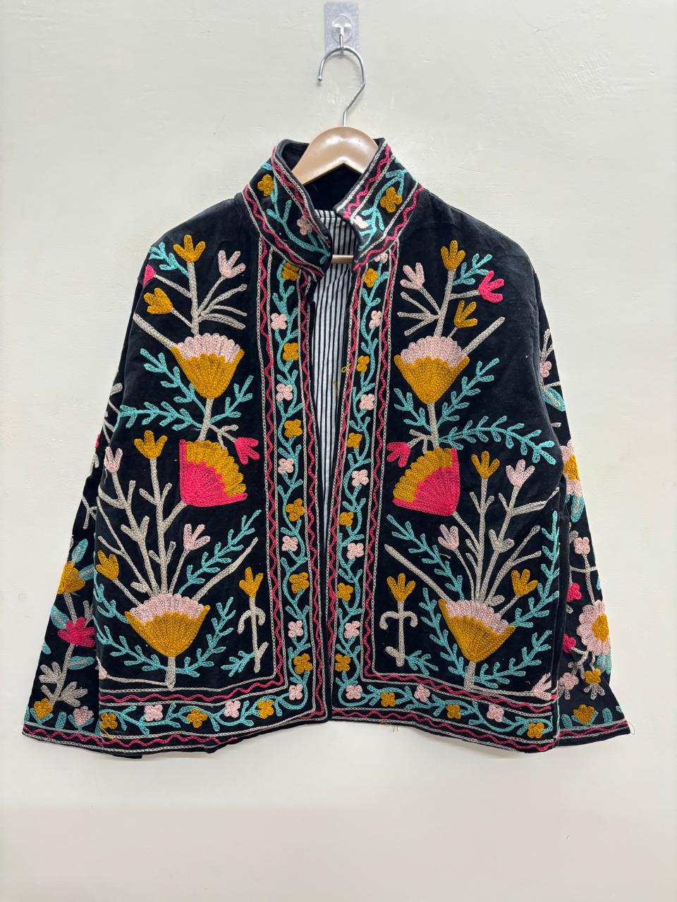 The Gulbagh — Sozni Chain-Stitch Velvet Jacket — Midnight Black