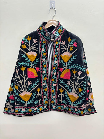 The Gulbagh — Sozni Chain-Stitch Velvet Jacket — Midnight Black