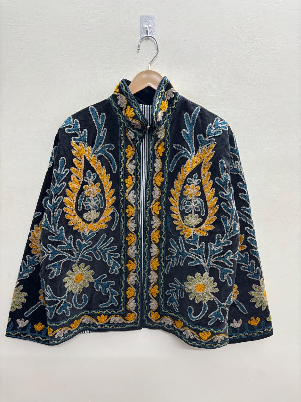 The Samarkand Night — Suzani Velvet Jacket — Midnight Black with Saffron & Teal