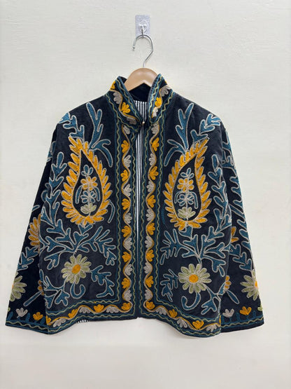 The Samarkand Night — Suzani Velvet Jacket — Midnight Black with Saffron & Teal