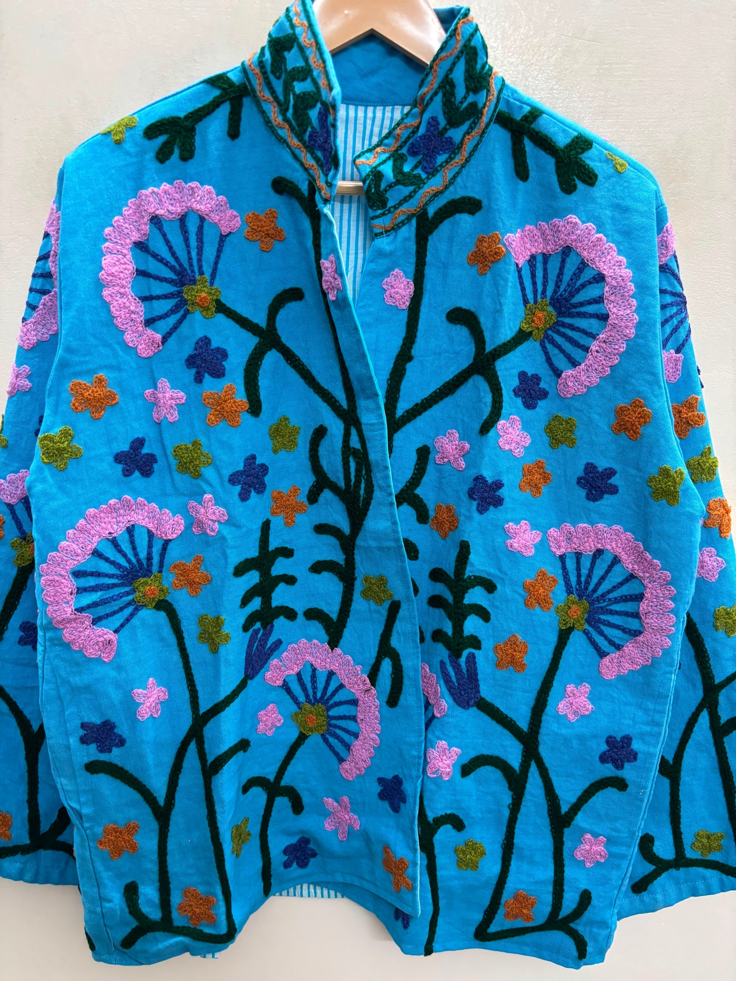 The Turquoise Meadow — Suzani-Embroidered Cotton Jacket — Sky Blue with Blush Pink & Indigo Florals