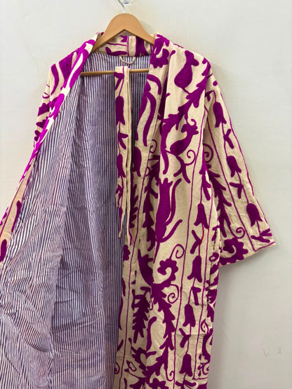 The Bahar Suzani — Hand-Embroidered Velvet Kimono — Ivory & Magenta
