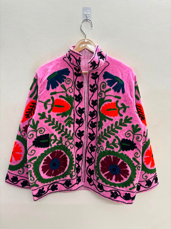 The Bibi Blossom — Suzani Embroidered Velvet Jacket — Bubblegum Pink