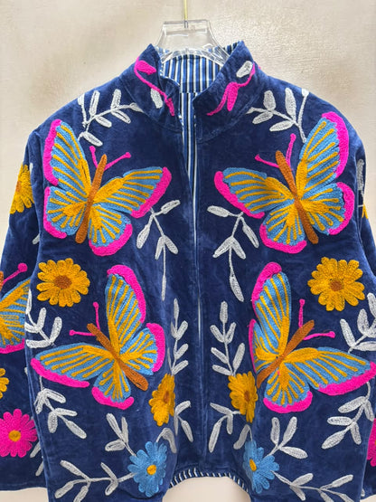 The Parwana Raat — Suzani Hand-Embroidered Velvet Jacket — Midnight Navy with Marigold & Fuchsia Butterflies