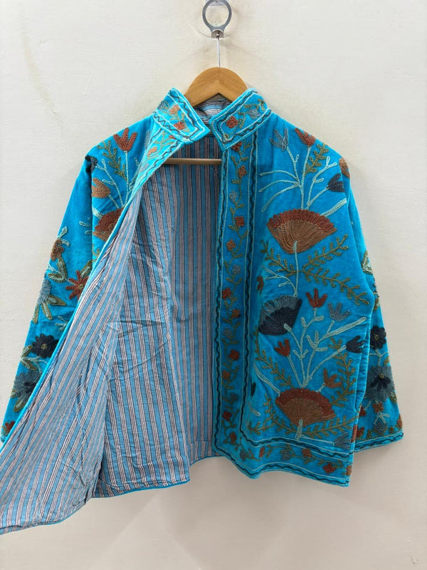 The Gulbadan Aegean-Hand-Embroidered Suzani Floral Velvet Jacket in Ocean Blue - Default Title - Zoshak
