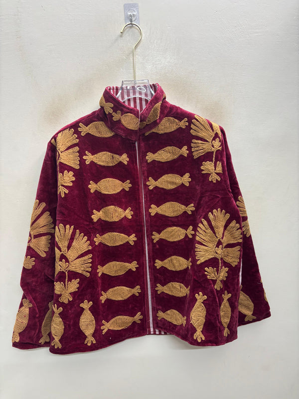 The Machli Bagh — Suzani Hand-Embroidered Velvet Jacket — Deep Maroon with Golden Fish & Palm Motifs