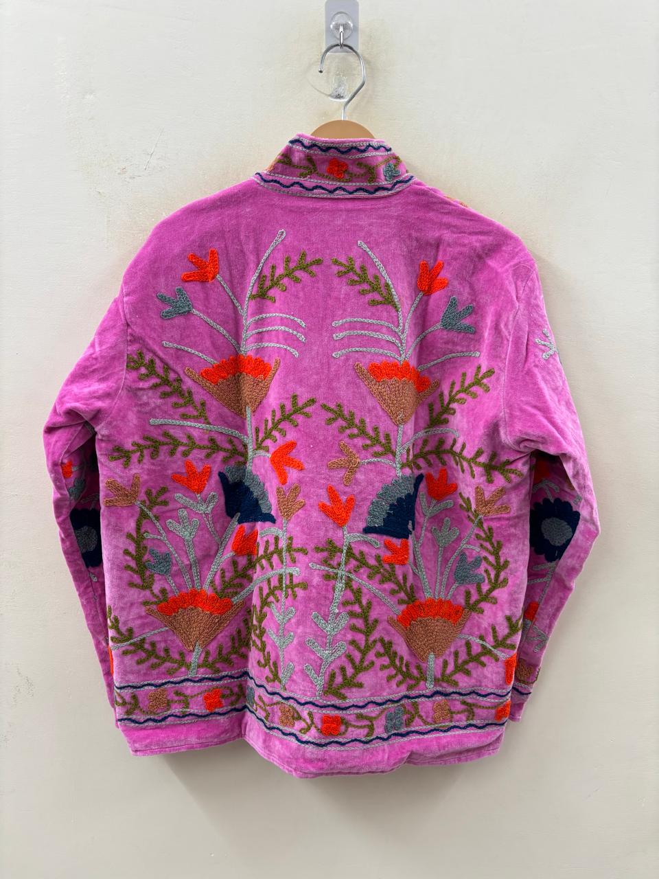 The Anaar Bloom — Suzani Hand-Embroidered Velvet Jacket — Orchid Pink with Rust, Sage & Indigo Florals