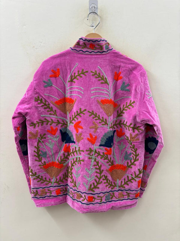 The Anaar Bloom — Suzani Hand-Embroidered Velvet Jacket — Orchid Pink with Rust, Sage & Indigo Florals