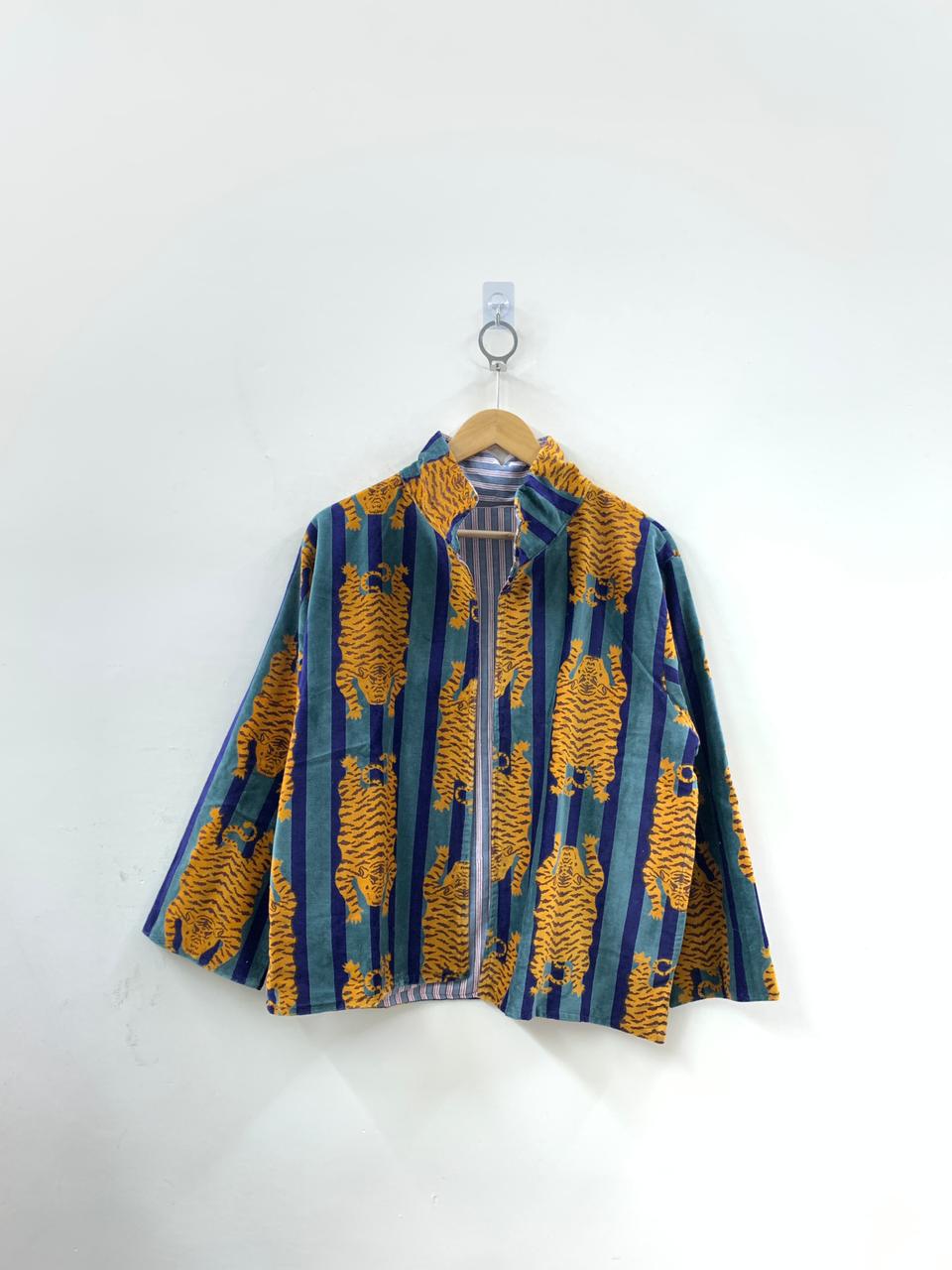 The Tiger Stripe — Block Printed Velvet Jacket — Saffron, Teal & Cobalt - Default Title - Zoshak Jacket