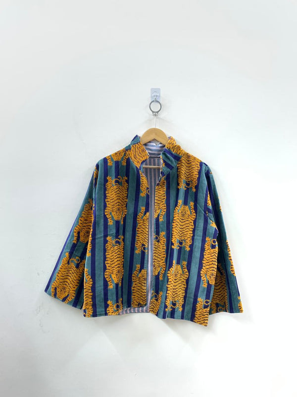 The Tiger Stripe — Block Printed Velvet Jacket — Saffron, Teal & Cobalt - Default Title - Zoshak Jacket
