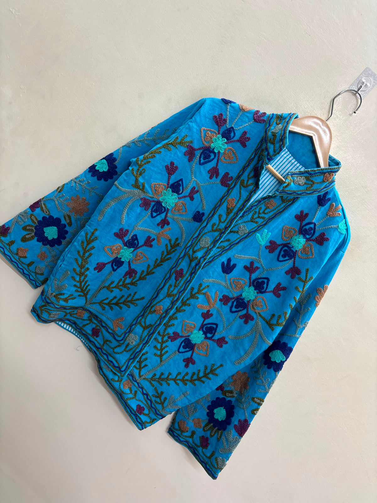 The Turquoise Zahra — Suzani Hand-Embroidered Cotton Jacket — Sky Blue with Indigo & Maroon Florals