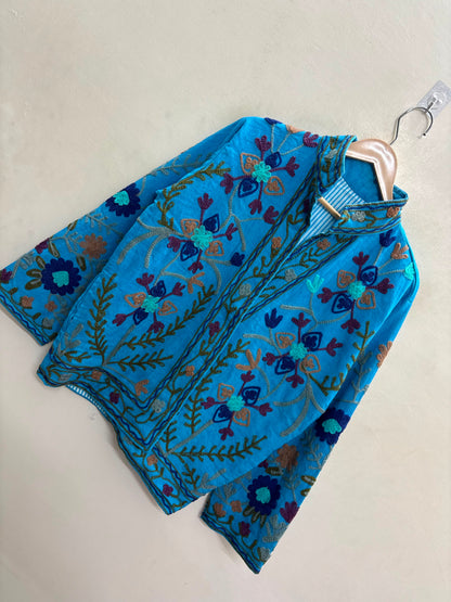 The Turquoise Zahra — Suzani Hand-Embroidered Cotton Jacket — Sky Blue with Indigo & Maroon Florals