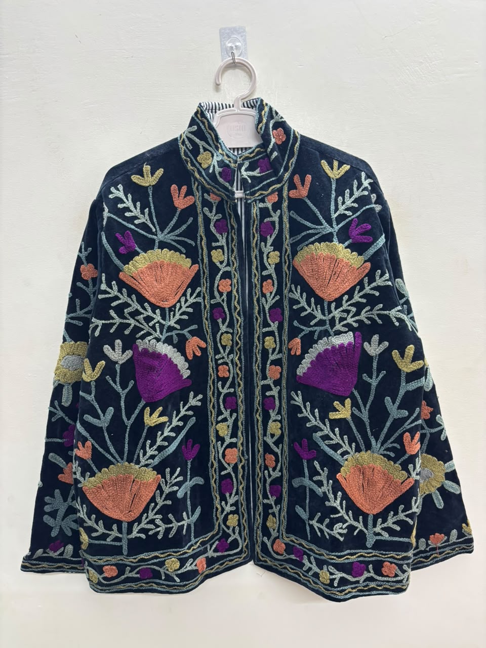 The Midnight Suzani — Hand-Embroidered Velvet Jacket — Ink Black with Marigold, Terracotta & Magenta Blooms