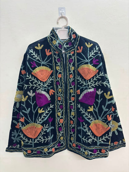 The Midnight Suzani — Hand-Embroidered Velvet Jacket — Ink Black with Marigold, Terracotta & Magenta Blooms