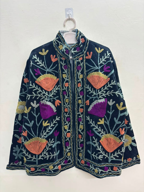 The Midnight Suzani — Hand-Embroidered Velvet Jacket — Ink Black with Marigold, Terracotta & Magenta Blooms