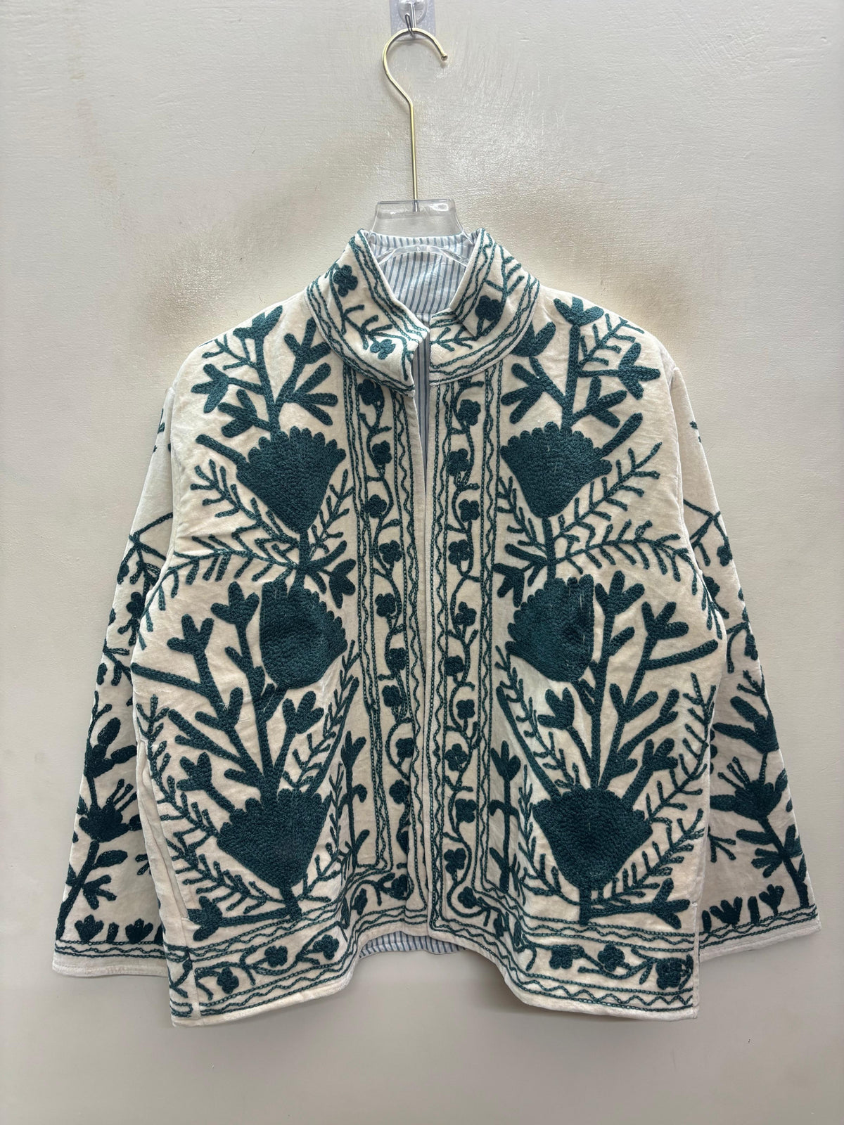 The Zumrud Bagh — Suzani Hand-Embroidered Velvet Jacket — Ivory with Deep Teal Florals