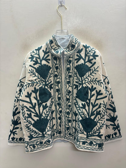 The Zumrud Bagh — Suzani Hand-Embroidered Velvet Jacket — Ivory with Deep Teal Florals