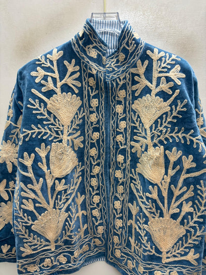 The Tulip Steppe — Suzani Hand-Embroidered Velvet Jacket — Steel Blue with Ivory Tulip Blooms
