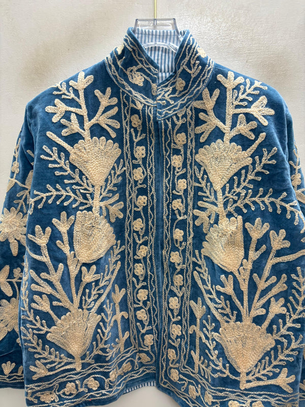 The Tulip Steppe — Suzani Hand-Embroidered Velvet Jacket — Steel Blue with Ivory Tulip Blooms