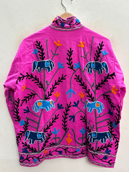 The Fuchsia Elephant Trail — Suzani Hand-Embroidered Cotton Jacket — Magenta Pink with Indigo Blue & Marigold Orange