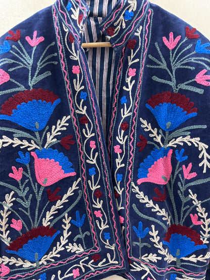 Suzani hand-embroidered indigo velvet jacket with floral bloom motifs, artisan chain-stitch embroidery handcrafted in Jaipur | Zoshak