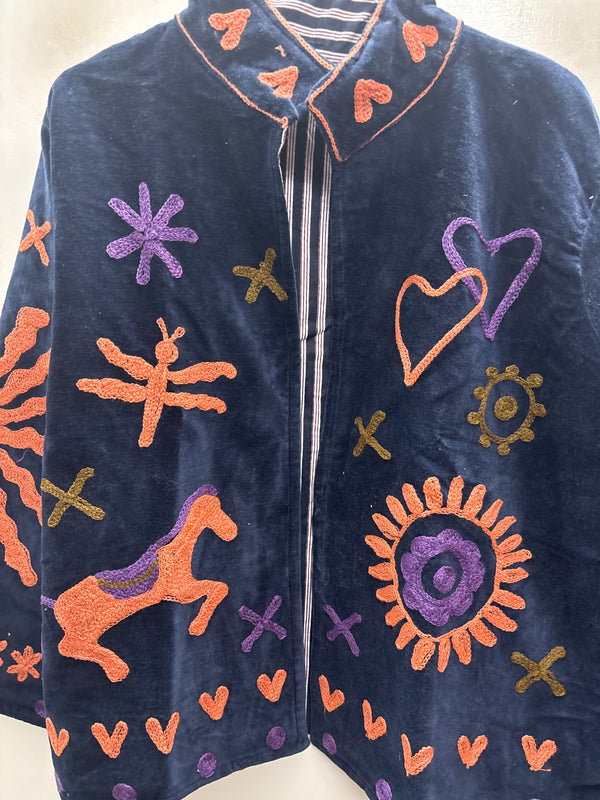 The Prem Sawari — Suzani Hand-Embroidered Velvet Jacket — Midnight Navy with Horse, Heart & Sunburst Motifs