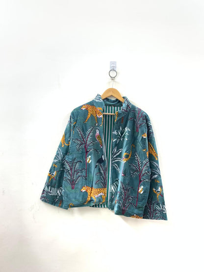The Jungle Durbar — Block Printed Velvet Jacket — Teal & Saffron - Default Title - Zoshak Jacket