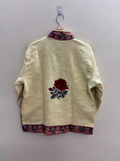 The Bagh Marigold — Suzani Hand-Embroidered Cotton Jacket — Ivory with Indigo & Wine Bordering