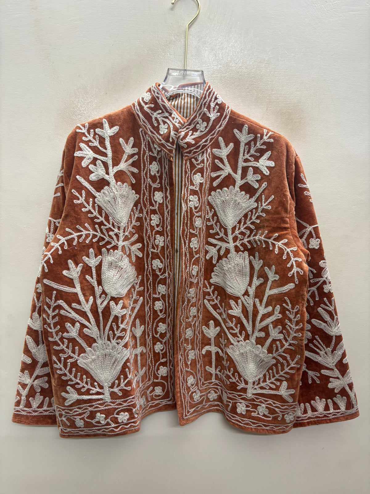 The Rustan Tulip — Suzani Hand-Embroidered Velvet Jacket — Rust Brown with Ivory Floral Vinework