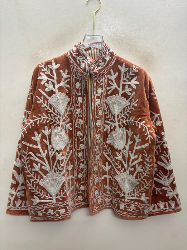 The Rustan Tulip — Suzani Hand-Embroidered Velvet Jacket — Rust Brown with Ivory Floral Vinework