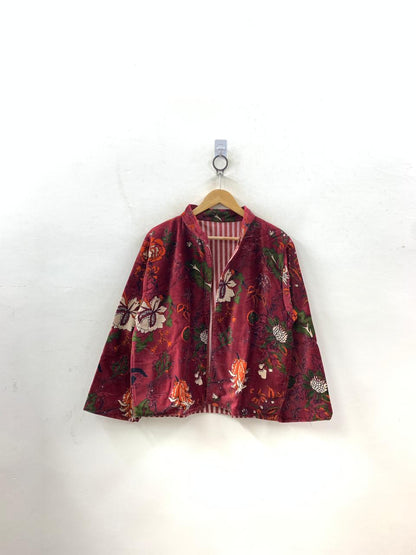 The Gulbagh — Block Printed Velvet Jacket — Deep Crimson & Botanical Garden - Default Title - Zoshak Jacket