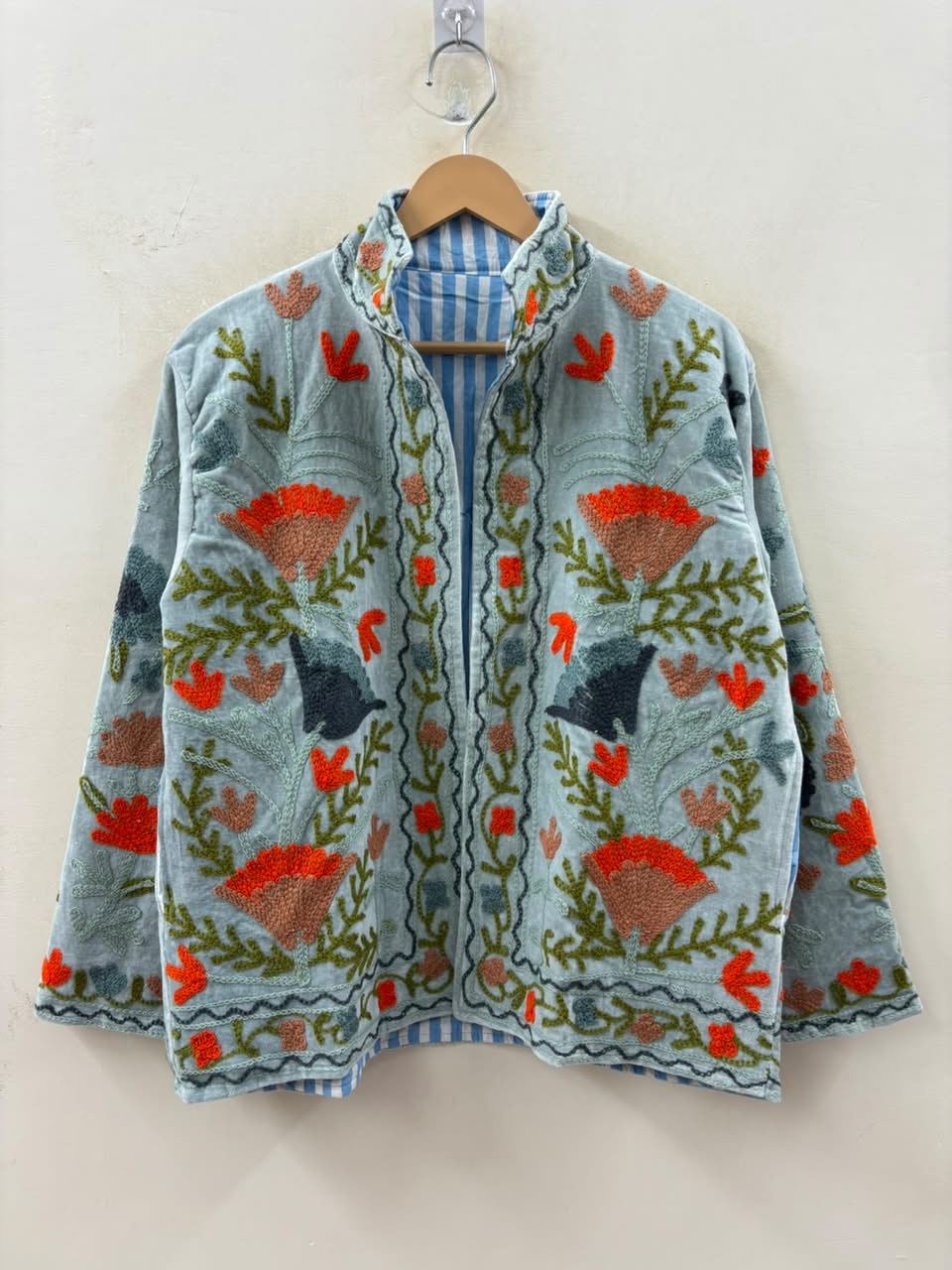 The Duskwing Bloom — Suzani Embroidered Velvet Jacket — Powder Blue