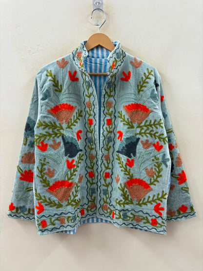 The Duskwing Bloom — Suzani Embroidered Velvet Jacket — Powder Blue