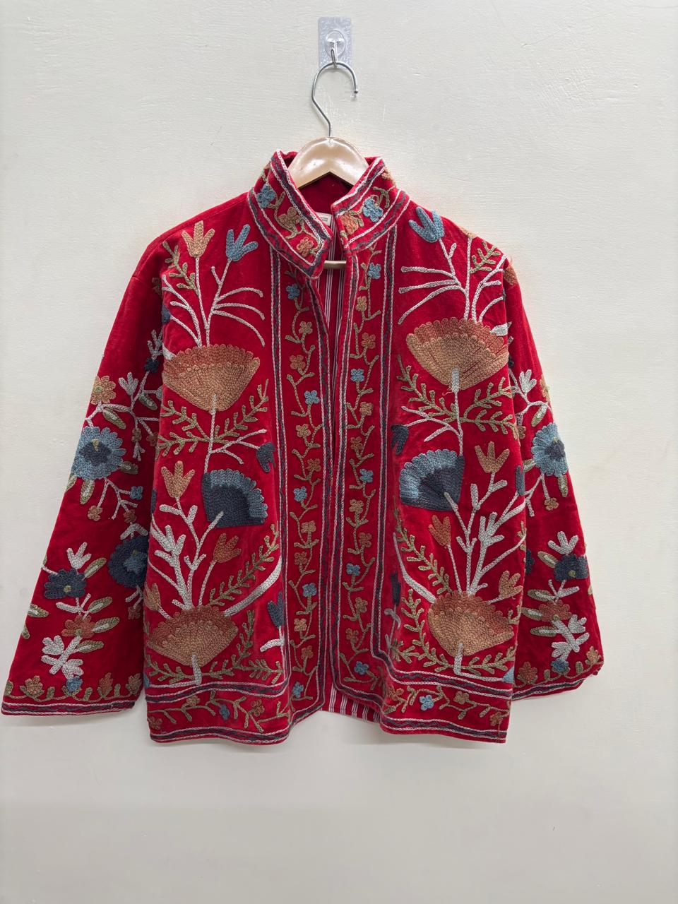 The Gulbagh — Suzani Chain-Stitch Velvet Jacket — Crimson Red