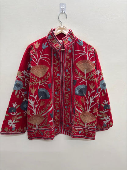 The Gulbagh — Suzani Chain-Stitch Velvet Jacket — Crimson Red
