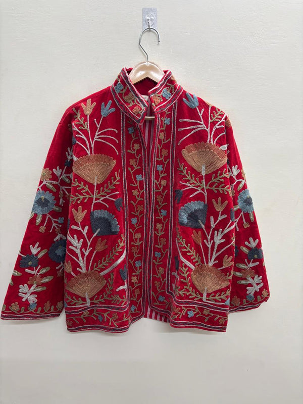 The Gulbagh — Suzani Chain-Stitch Velvet Jacket — Crimson Red