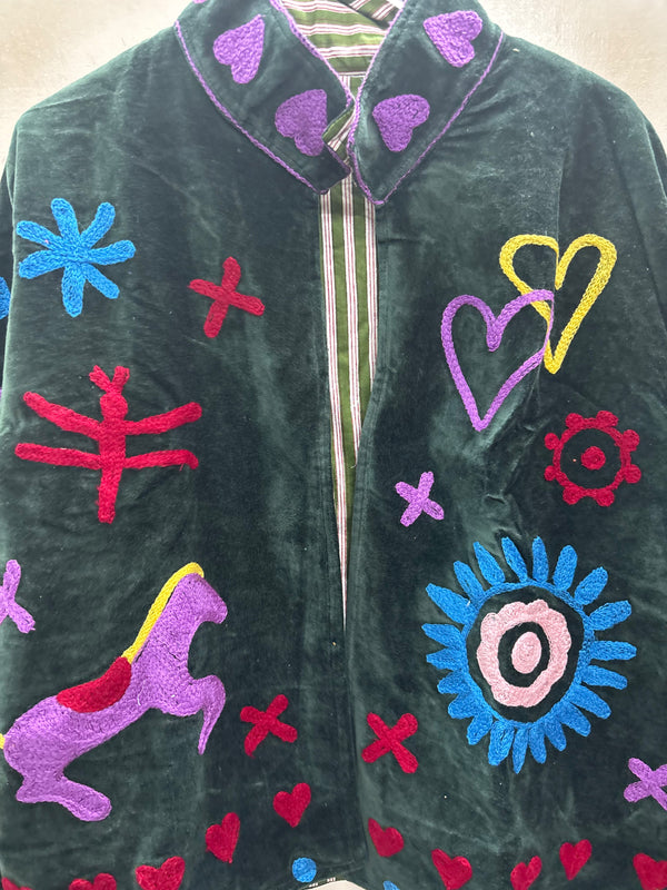 The Ghoda Yatra — Suzani Hand-Embroidered Velvet Jacket — Forest Green with Horse, Heart & Sunburst Motifs