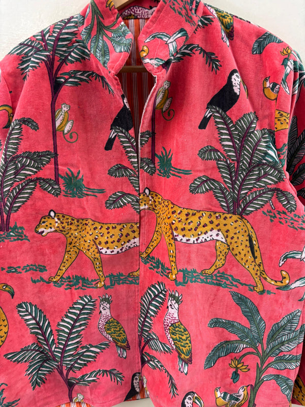 The Jungle Durbar — Block-Printed Velvet Jacket — Coral Rose - Default Title - Zoshak Jacket