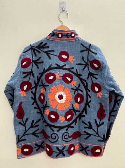 The Chambelí Suzani — Hand-Embroidered Cotton Jacket — Dusty Blue with Maroon & Coral Bloom